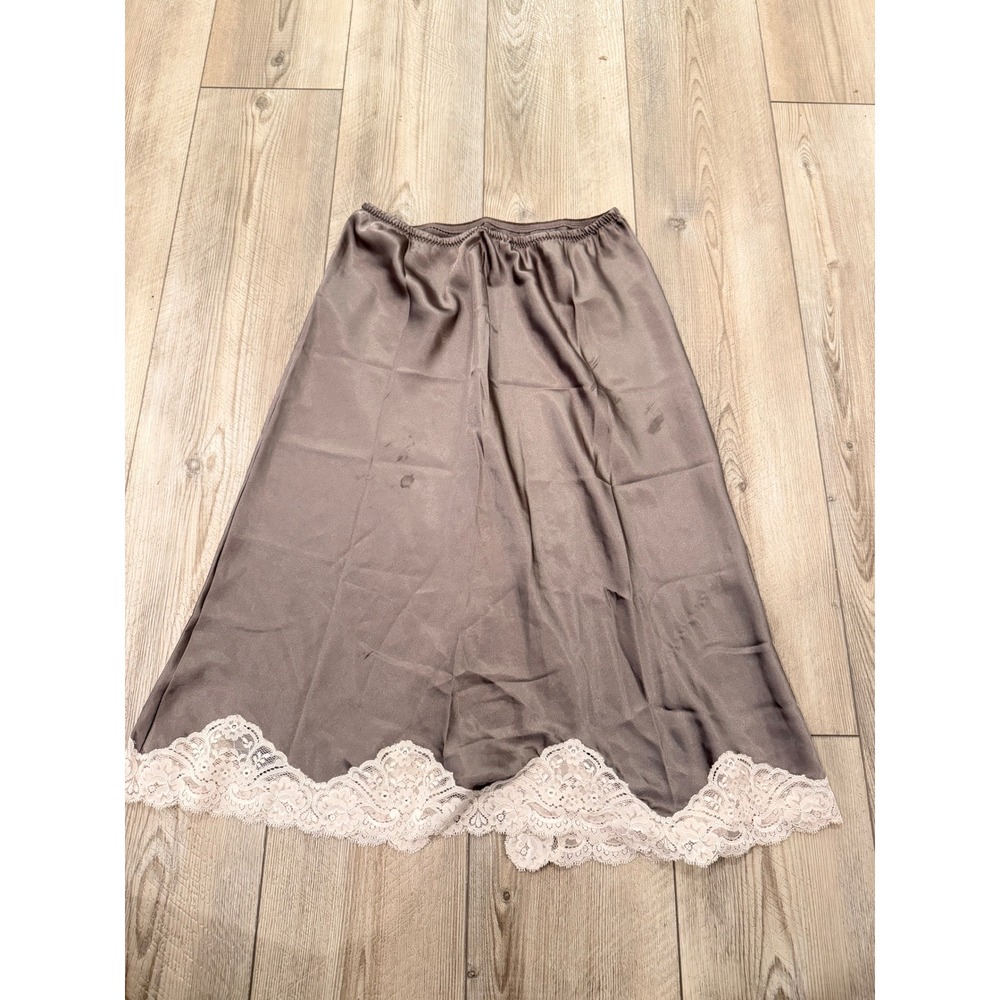 Christian Dior Vintage Taupe Satin Half Slip Lace Trim Side Slit Logo 25 Inch - Picture 4 of 14